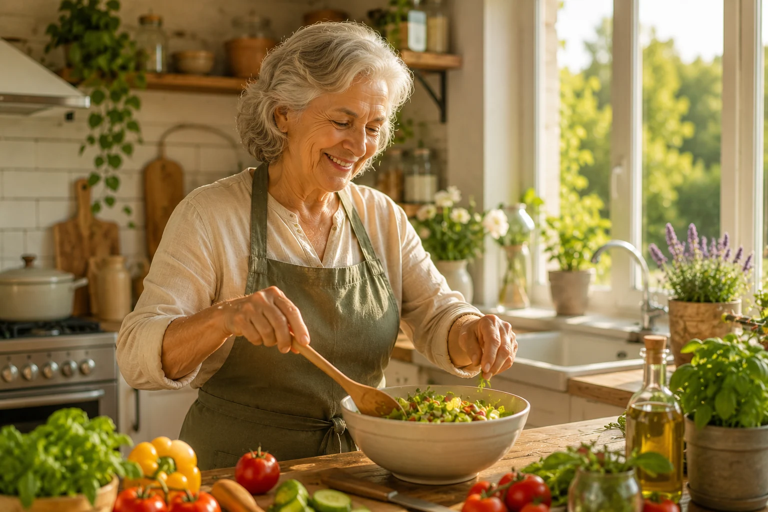 A silver-haired woman smiling as she tosses a fresh salad at a sunlit kitchen window looking out over the hills